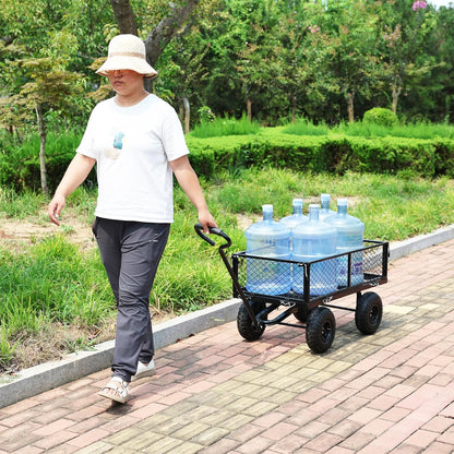 Wagon With Removable Sides for Farms, Warehouses - Garden Dump Cart With Air Wheels (Black)