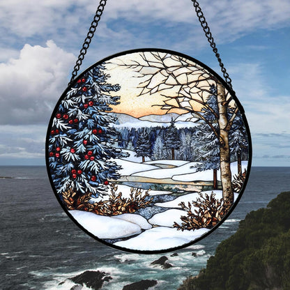 Stained Glass Window Hanging, Winter Snow Landscape Suncatcher Diamond Glass Panel Sun Catchers