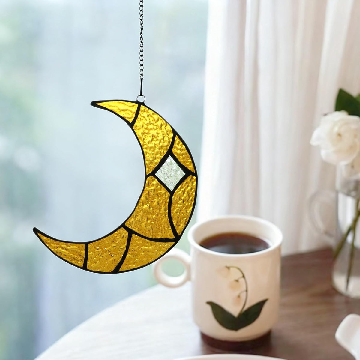 Moon Stained Glass Window Hanging Suncatchers，Handcrafted Art Glass Crescent Moon Decorations