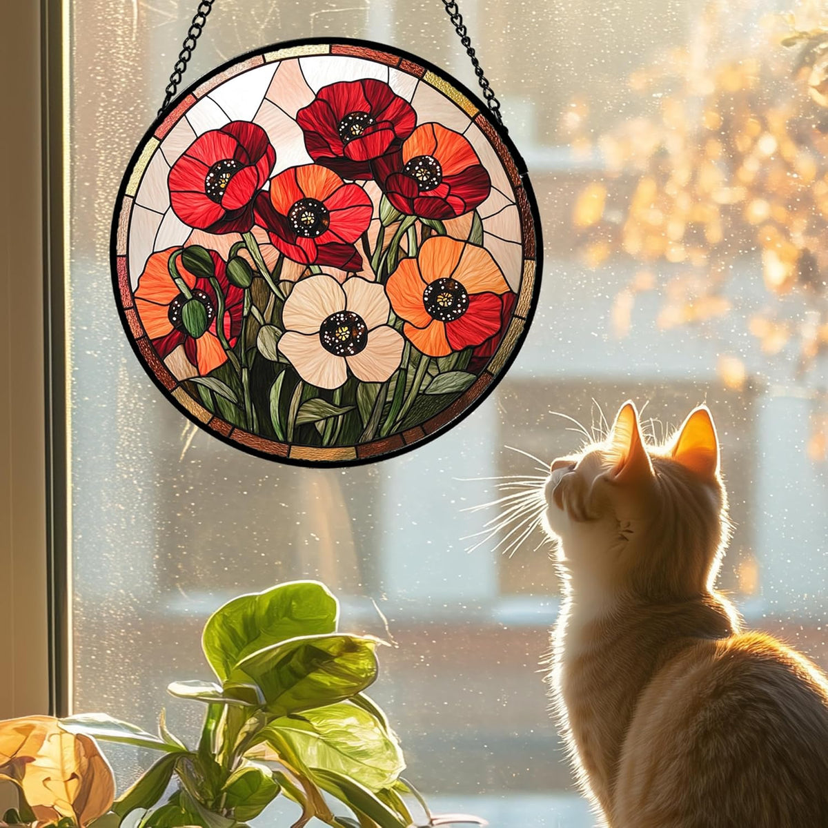Stained Glass Window Hanging - Orange Red Poppy Flowers Suncatcher for Door Garden Yard Sun