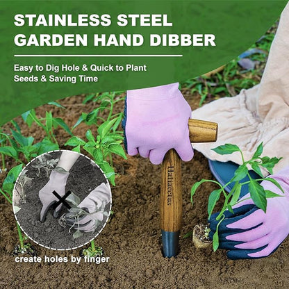 Haliaeetus Dibber Garden Tool, Stamped Stainless Steel Tip Seed Dibber, Smooth Splinter-Free