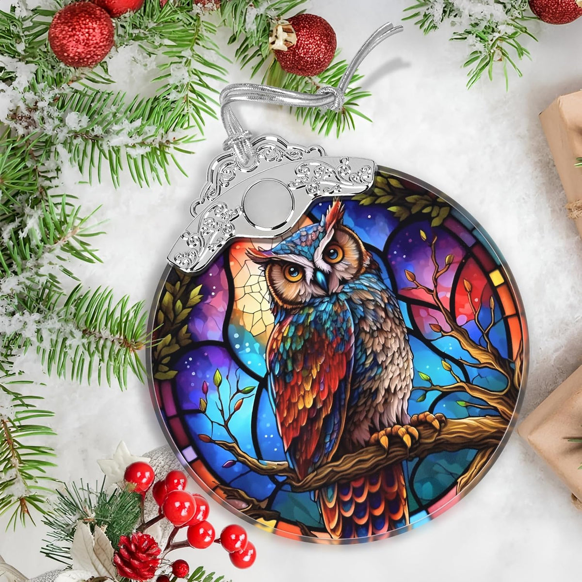 Stained Glass Suncatcher Ornament - Owl Christmas Decorations - Christmas Ornaments for Tree