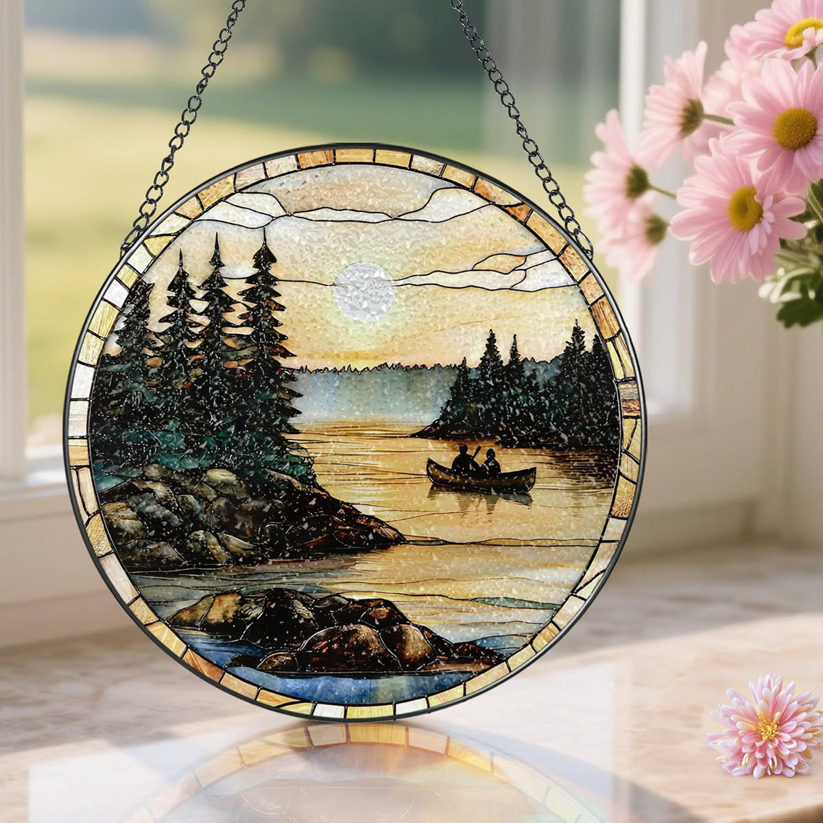 8-Inch Stained Glass Ornament, Stained Glass Window Hanging, Window Hanging Decor Suncatcher, Canoe