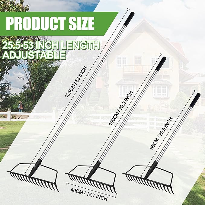 Garden Rake, Metal Sturdy and Heavy Duty Metal Rake, 16-Tine Bow Rake with Adjustable Stainless