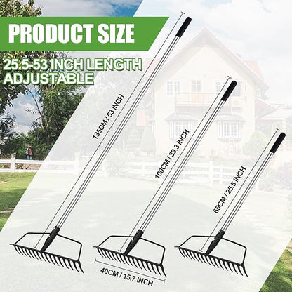Garden Rake, Metal Sturdy and Heavy Duty Metal Rake, 16-Tine Bow Rake with Adjustable Stainless