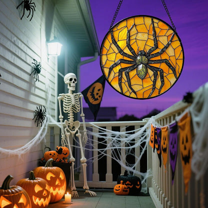 Stained Glass Window Hanging - Halloween Decorations Black Spider Suncatcher for Doors Garden