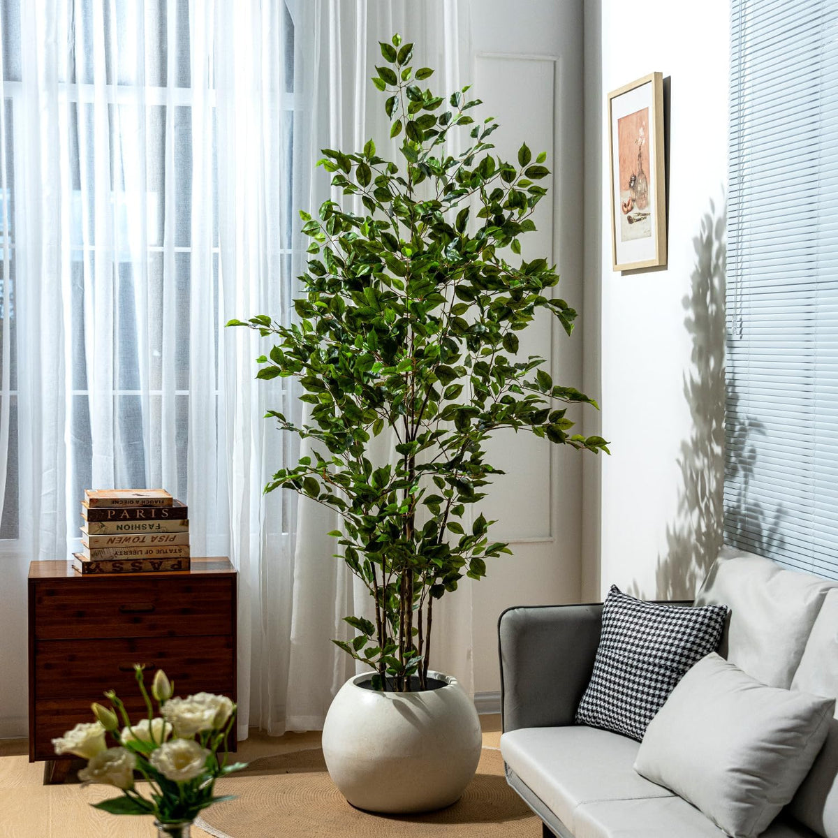 Artificial Ficus Tree Indoor 7ft, Large Potted Faux Tree with Realistic Silk Leaves & Trunk for