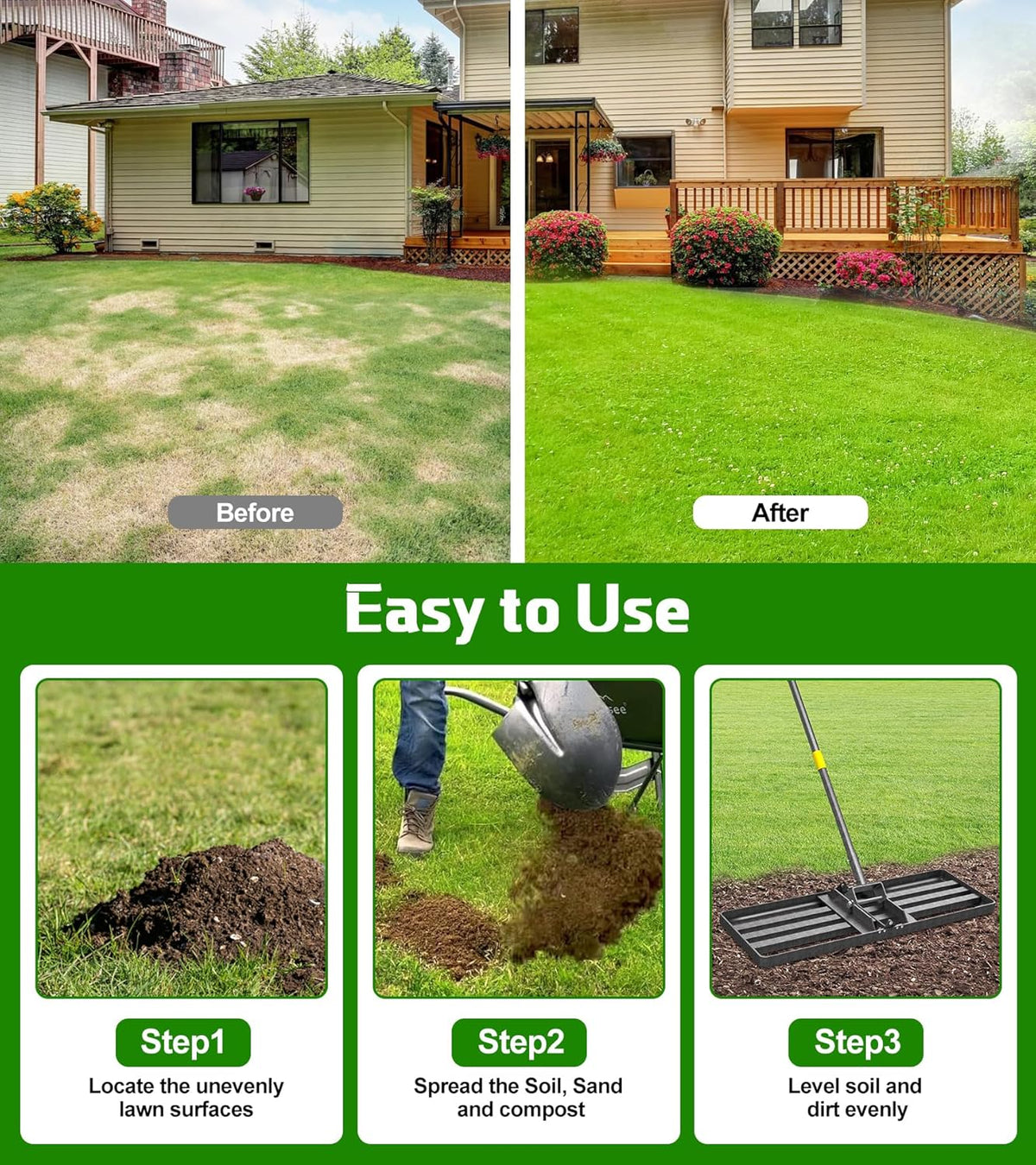 Lawn Leveling Rake 30x10 Inch , Heavy-Duty Yard Leveling Rake 6.2FT Leveler Tool for Soil, Sand &