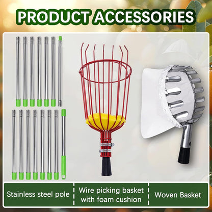 20 Ft Fruit Picker with Wire Basket and Bag Basket,Adjustable Stainless Steel Fruit Picker Pole