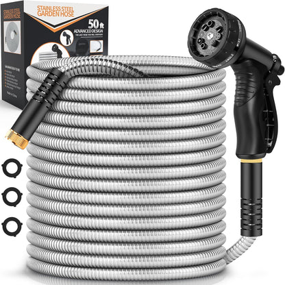 Garden Hose Metal 50FT, Stainless Steel Heavy Duty Water Hose With 10 Function Nozzle, No-Kink