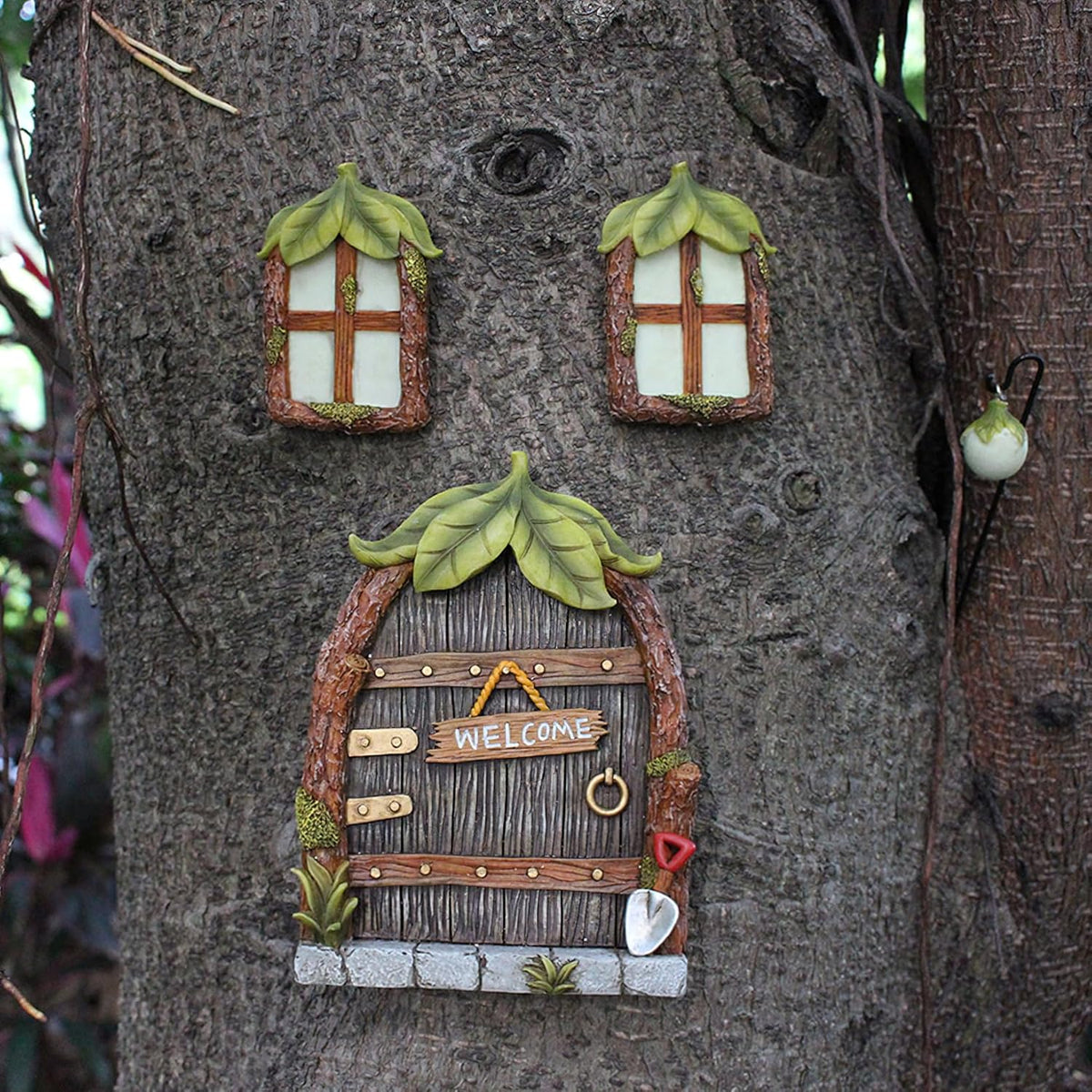 Fairy Door and Windows Garden Kit Accessories Outdoor, Glow in Dark Gnome House for Tree, Lawn Yard