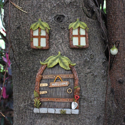 Fairy Door and Windows Garden Kit Accessories Outdoor, Glow in Dark Gnome House for Tree, Lawn Yard