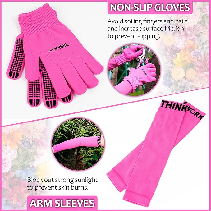 THINKWORK Pink Garden Tools, Gardening Gifts for Women, with 2 in 1 Detachable Storage Bag, Trowel