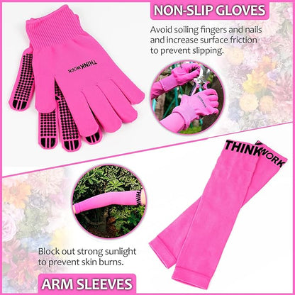THINKWORK Pink Garden Tools, Gardening Gifts for Women, with 2 in 1 Detachable Storage Bag, Trowel