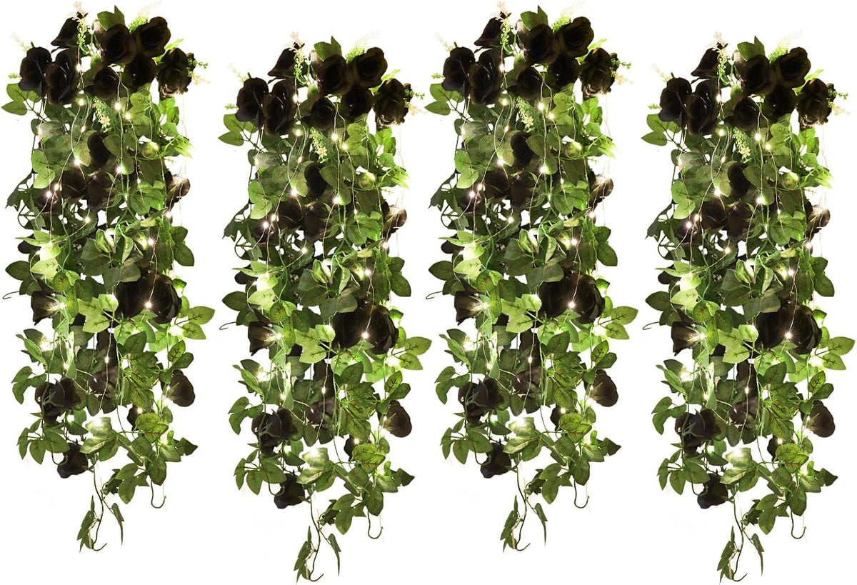 RECUTMS Artificial Hanging Rose Flower 4Pieces 3.3Ft Flowers for Outdoors with 30 LED Fairy String