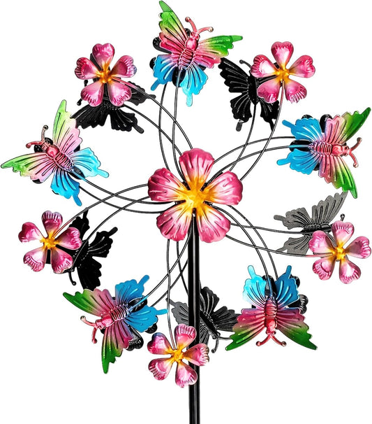 38" Double Blade Butterfly Wind Spinners Outdoor, Colorful Butterflies Kinetic Outdoor Decor for
