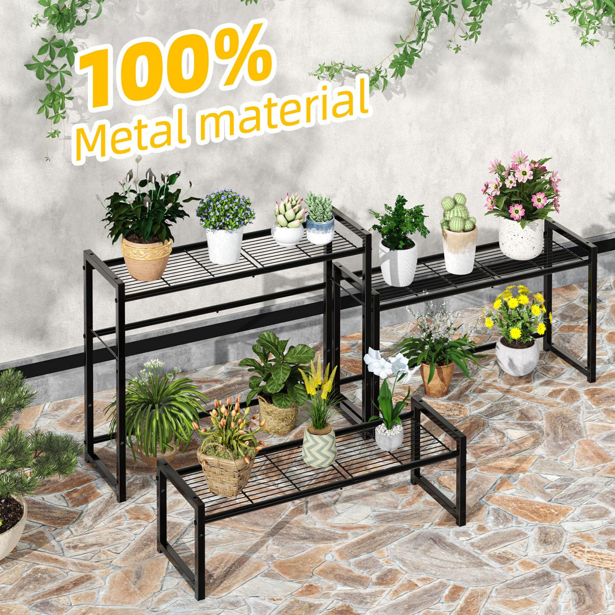 Simple Trending 3 Tier Metal Plant Stand Outdoor Indoor Waterproof, Stackable Heavy Duty Tall Plant