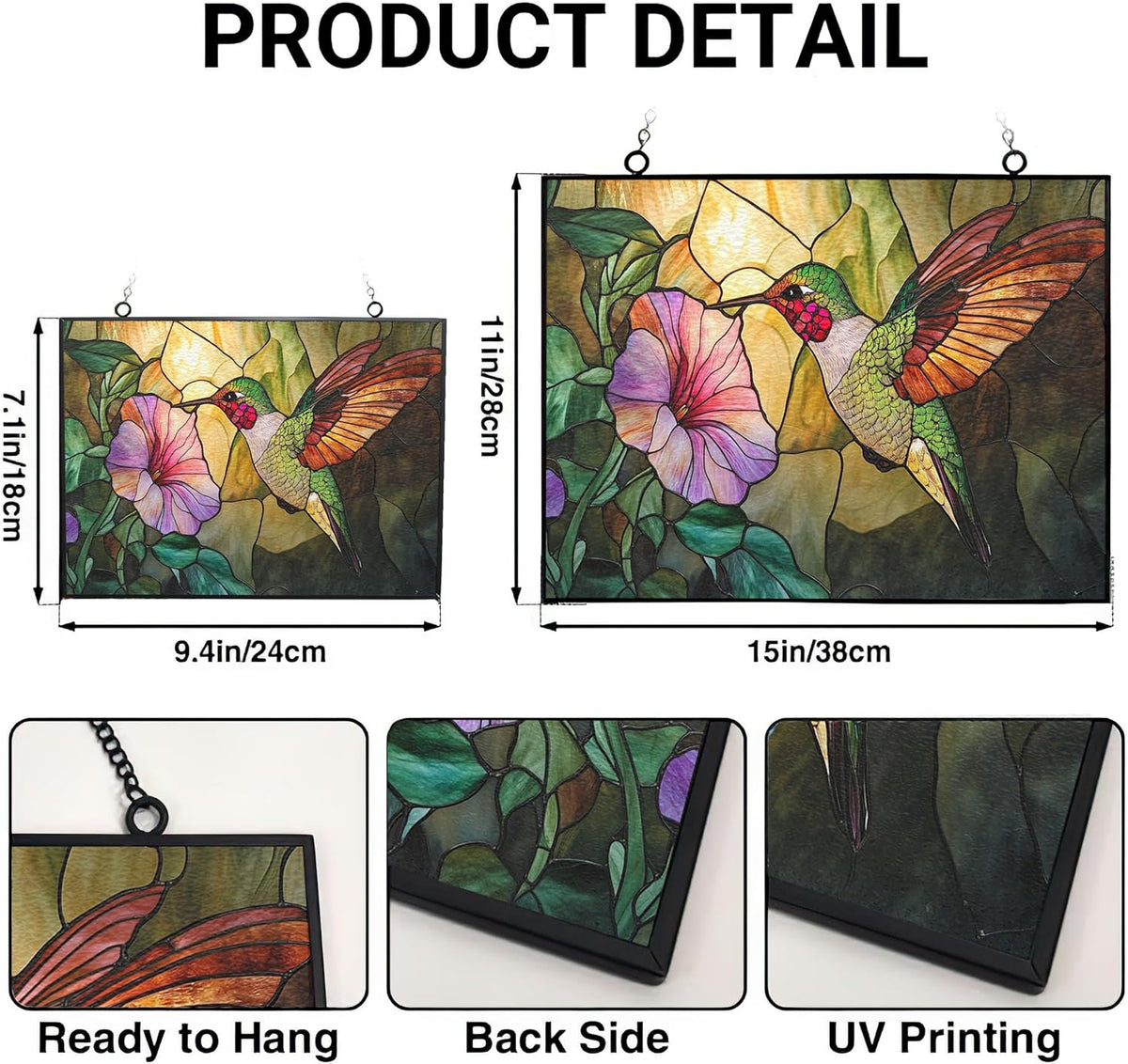 Customized Rectangle Art Nouveau Hummingbird and Glory Stained Glass Window Hanging, Stained Glass