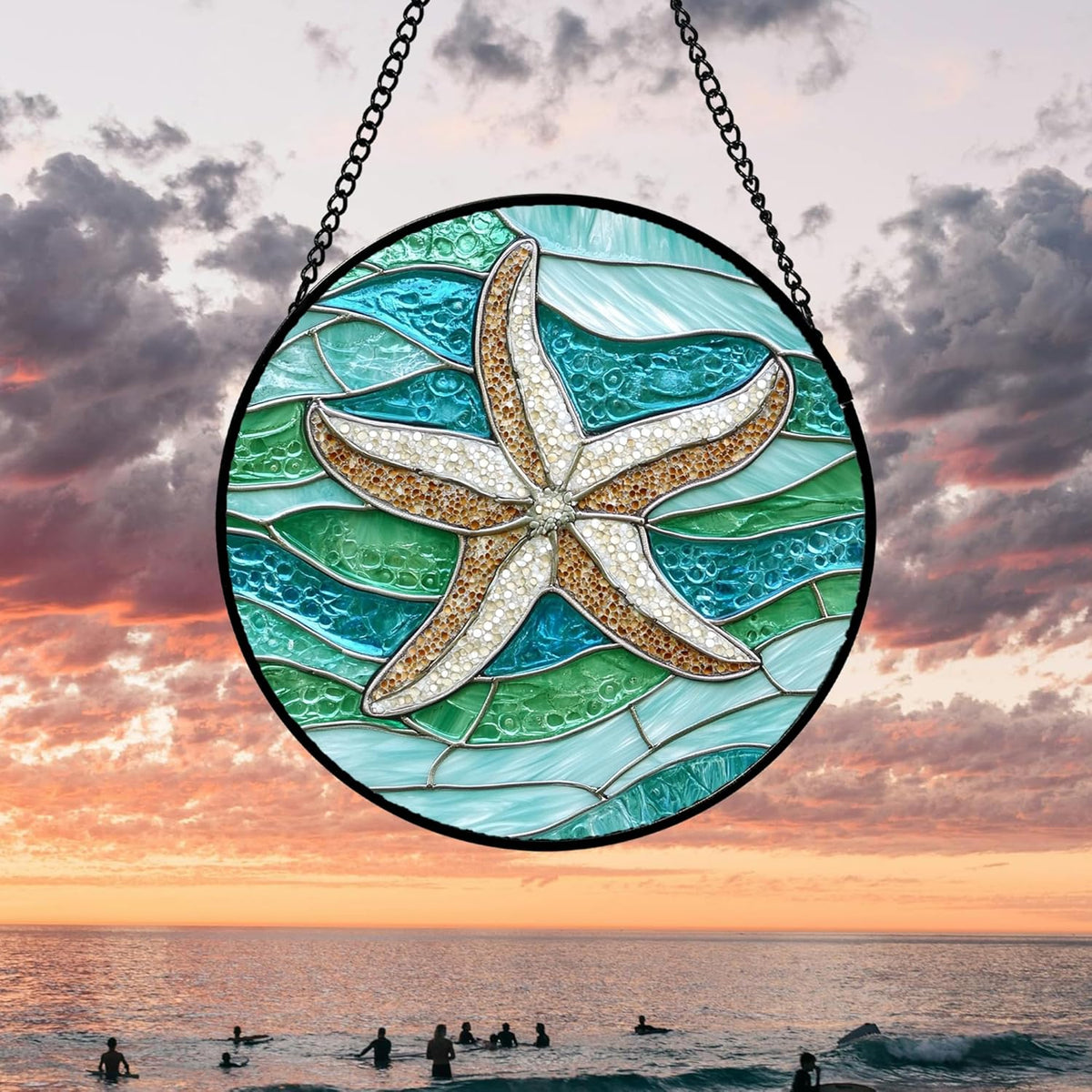Stained Glass Window Hanging 4 Pcs Set Cyan Ocean Life Theme Large 11.8" - Sea Starfish Suncatcher