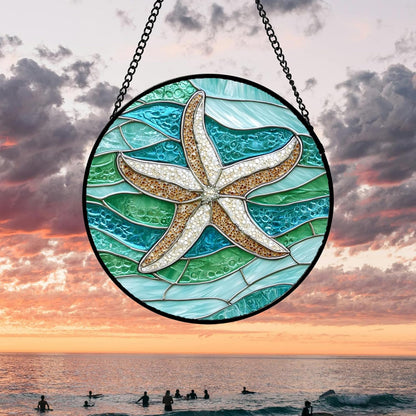 Stained Glass Window Hanging 4 Pcs Set Cyan Ocean Life Theme Large 11.8" - Sea Starfish Suncatcher