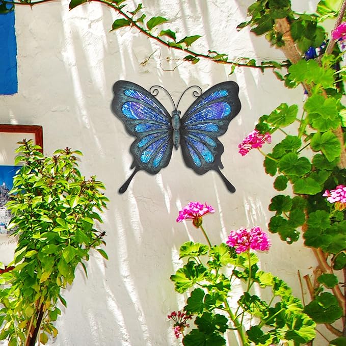 HONGLAND Metal Butterfly Wall Decor Outdoor Indoor Art Sculpture Hanging Glass Decorations Blue for
