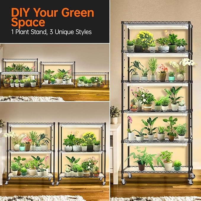Bstrip DIY Plant Shelf with Grow Light, Grow Light Shelf with Adjustable Rack and Wheels, Plant