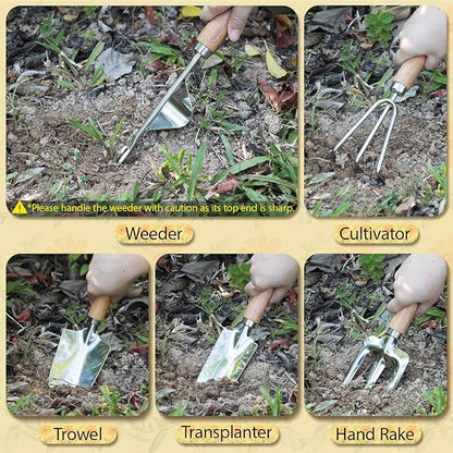 LeMotech Gardening Tools, 10-Piece Heavy Duty Garden Hand Tools Set with Wooden Handle, Durable