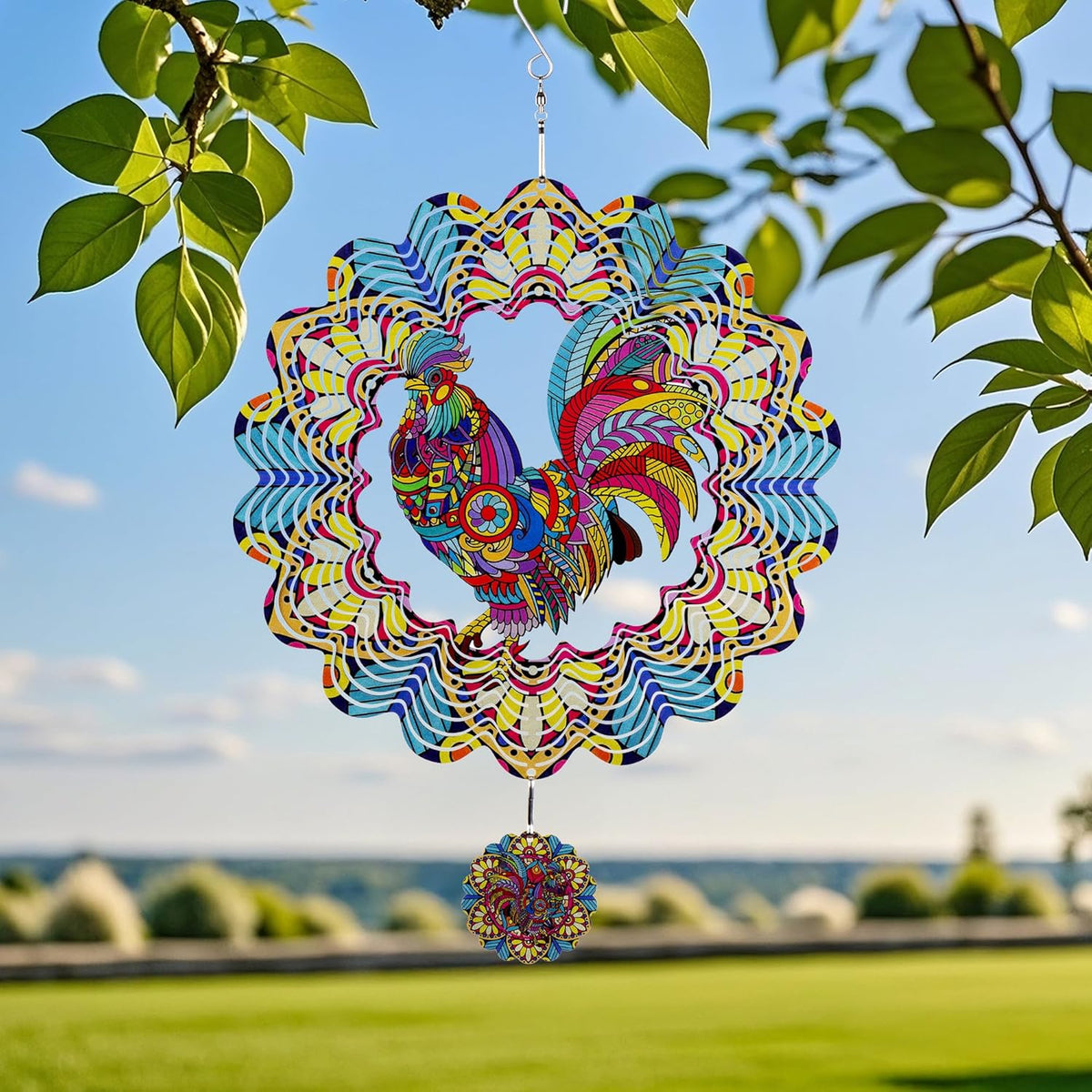 Wind Spinners Outdoor Hanging Rooster - Metal Chicken Gifts for Mom Women Grandma Men, 11.5 Inch 3D