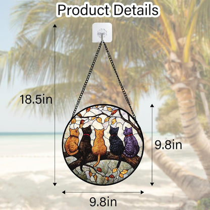 Stained Glass Window Hanging - 5 Cats on a Branch Suncatcher for Window Doors Home Decoration and