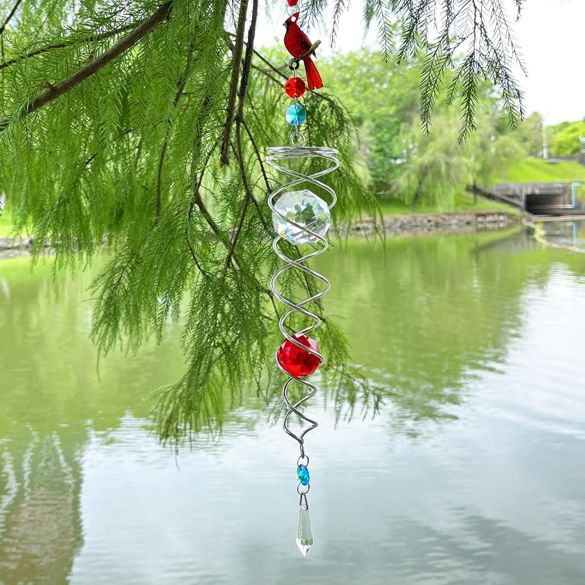 FONMY Cardinal Gazing Ball Spiral Tail Wind Spinner Sun Catcher Rainbow Maker Silver Spiral W/ K9