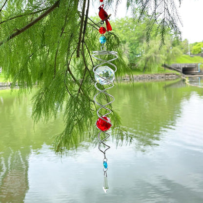 FONMY Cardinal Gazing Ball Spiral Tail Wind Spinner Sun Catcher Rainbow Maker Silver Spiral W/ K9