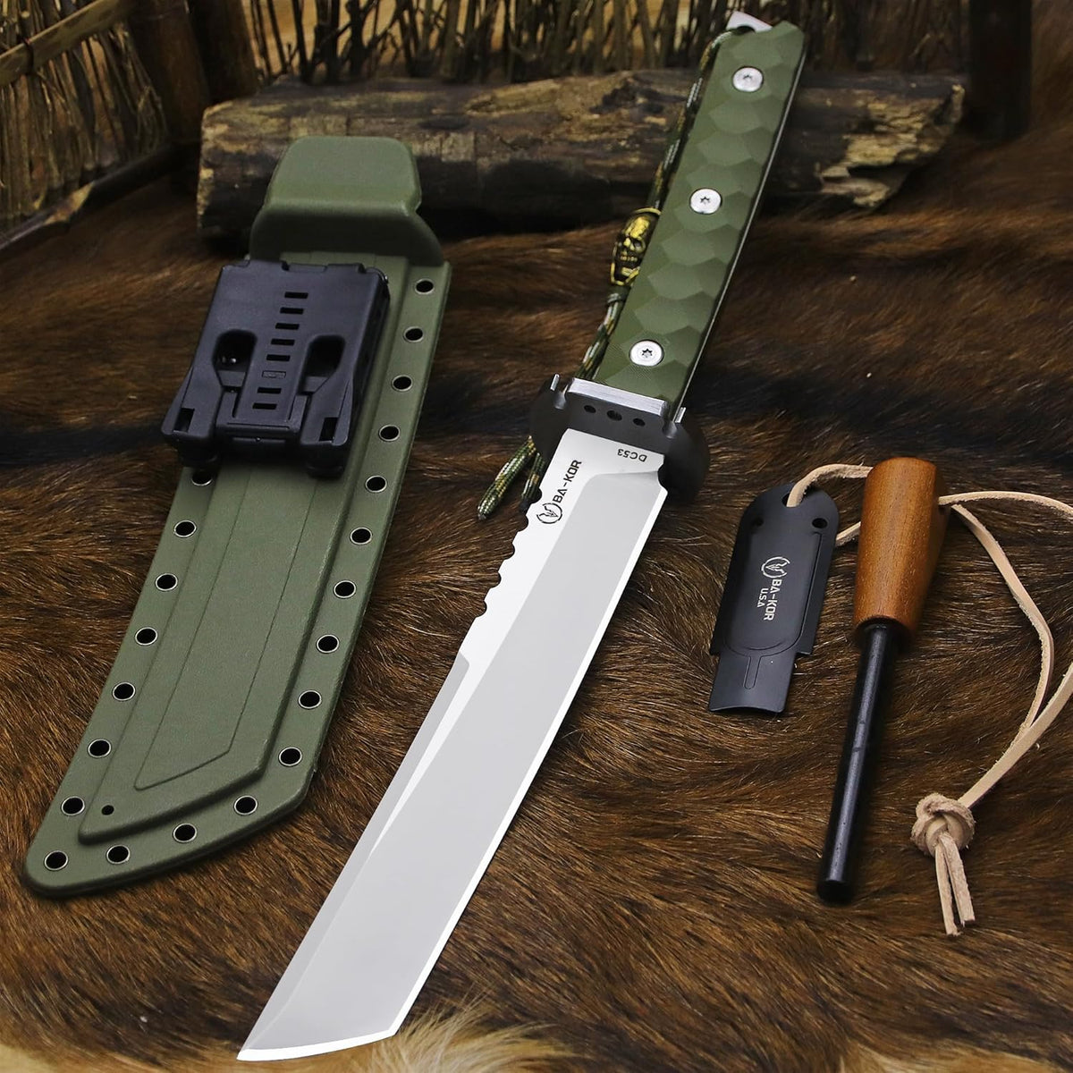 BA-KOR 15.8in Full Tang Japanese Style Outdoor Knife –8mm DC53 Steel, Nylon Fiber Handle &Sheath