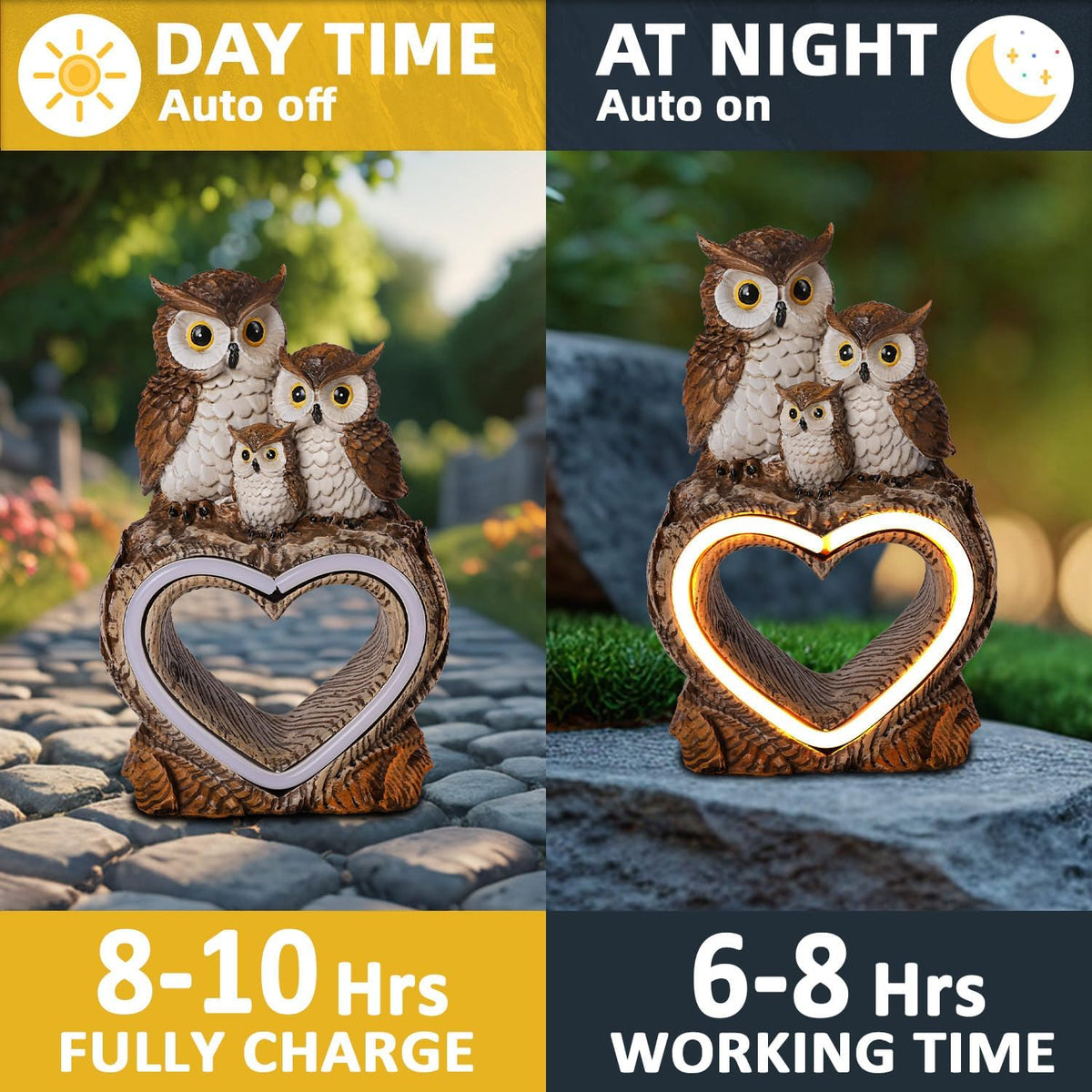 Solar Garden Decor Statues 7" Resin Solar Owl Waterproof Garden Owl Decor for Outside Yard Patio