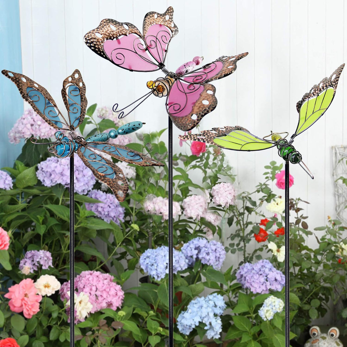 Juegoal 34 Inch Butterfly Garden Stakes Decor, Dragonfly Hummingbird Stakes, Glow in Dark Metal