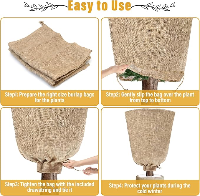 Riare 4 Packs 32 × 40 Inch Burlap Winter Plant Cover Bags with Drawstring- Reusable Large Burlap