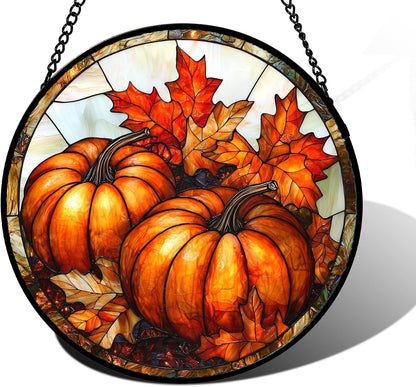 Stained Glass Window Hanging, Pumpkin Maple Leaf Suncatcher for Doors Home Sun Catchers Decoration