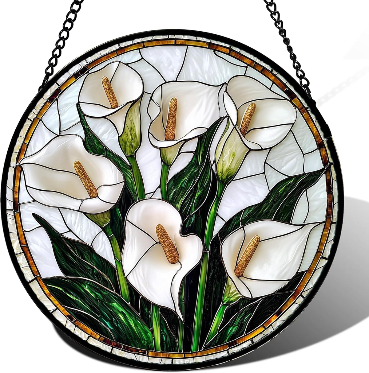 Stained Glass Window Hanging, White Calla Lily Flowers Sun Catchers Glass Panel Plant Suncatcher