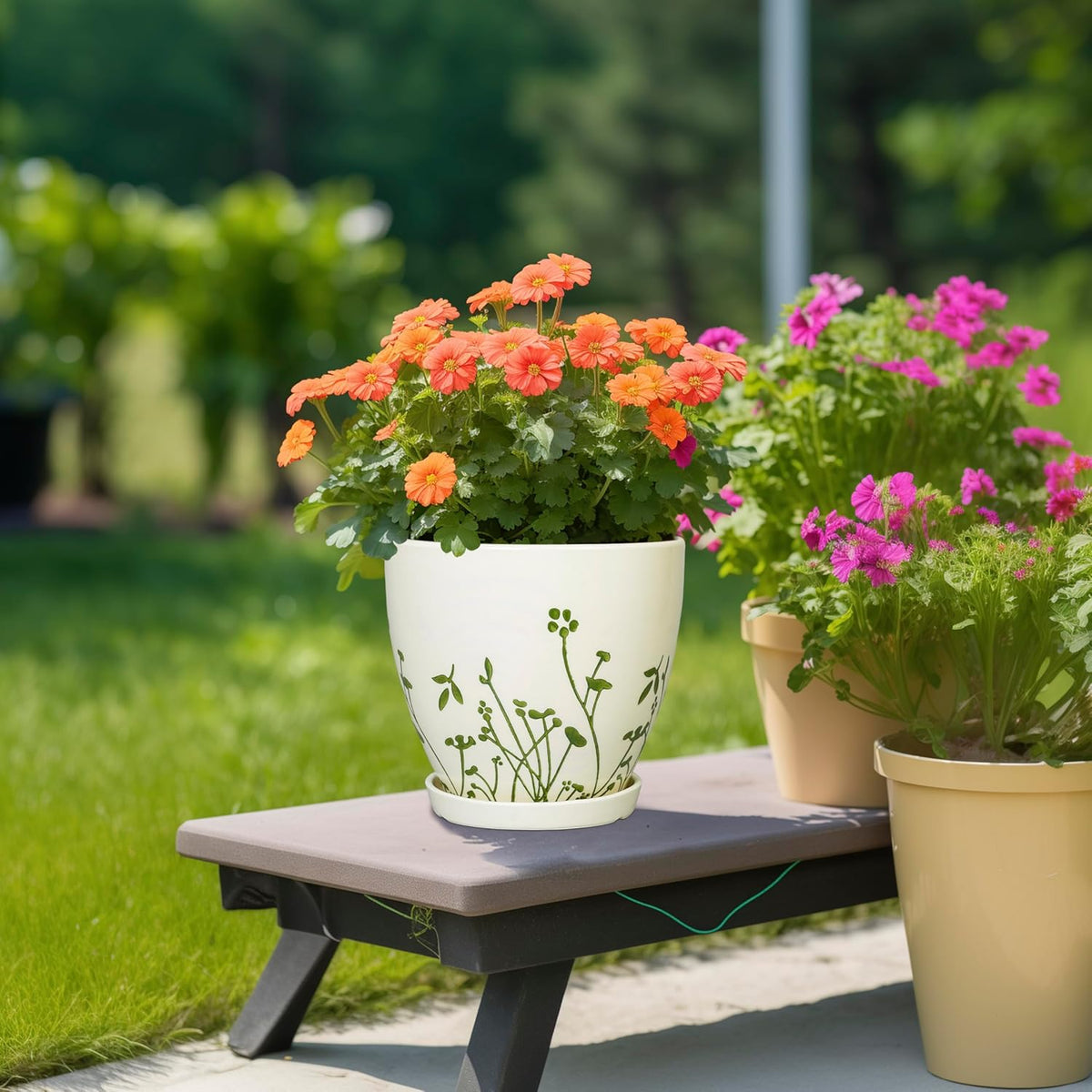 Indoor Plant Pot 8.2 Inch - Ceramic Planter with Drainage Hole and Saucer, Boho Round Decorative