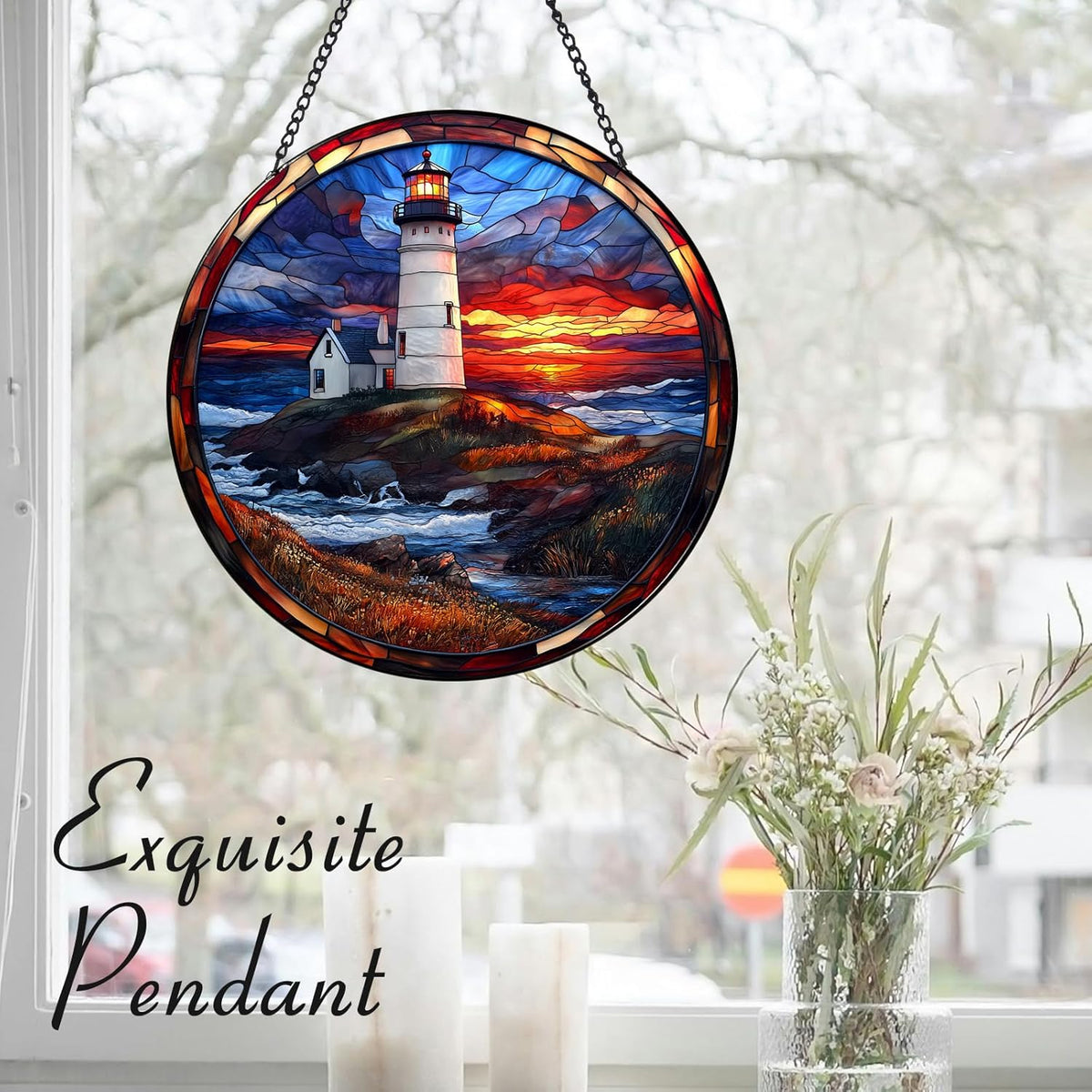 Coastal Lighthouse in Autumn Suncatcher -7.9 in Stained Glass Window Hanging Sun Catcher Garden