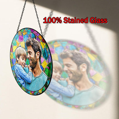 Personalized Grandpa Stained Glass Suncatcher, Photo Family Faux Stained Glass Window Hanging