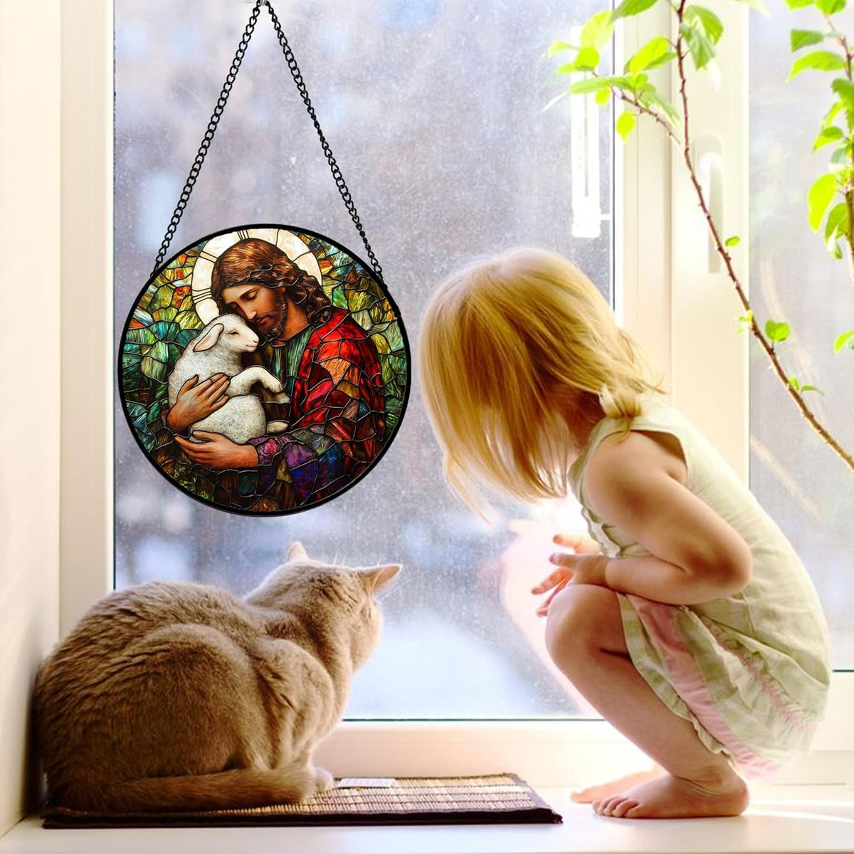 Stained Glass Window Hanging, Jesus Little Lamb Sun Catchers Colorful Glass Panel Christianity
