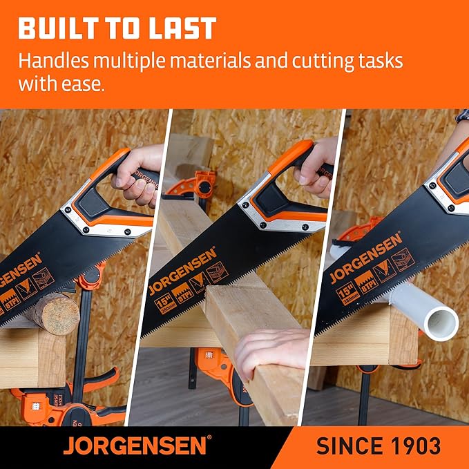 JORGENSEN 15??Hand Saw, Black Coated Coarse Handsaw 8TPI for Wood Cutting, Ergonomic Non-Slip