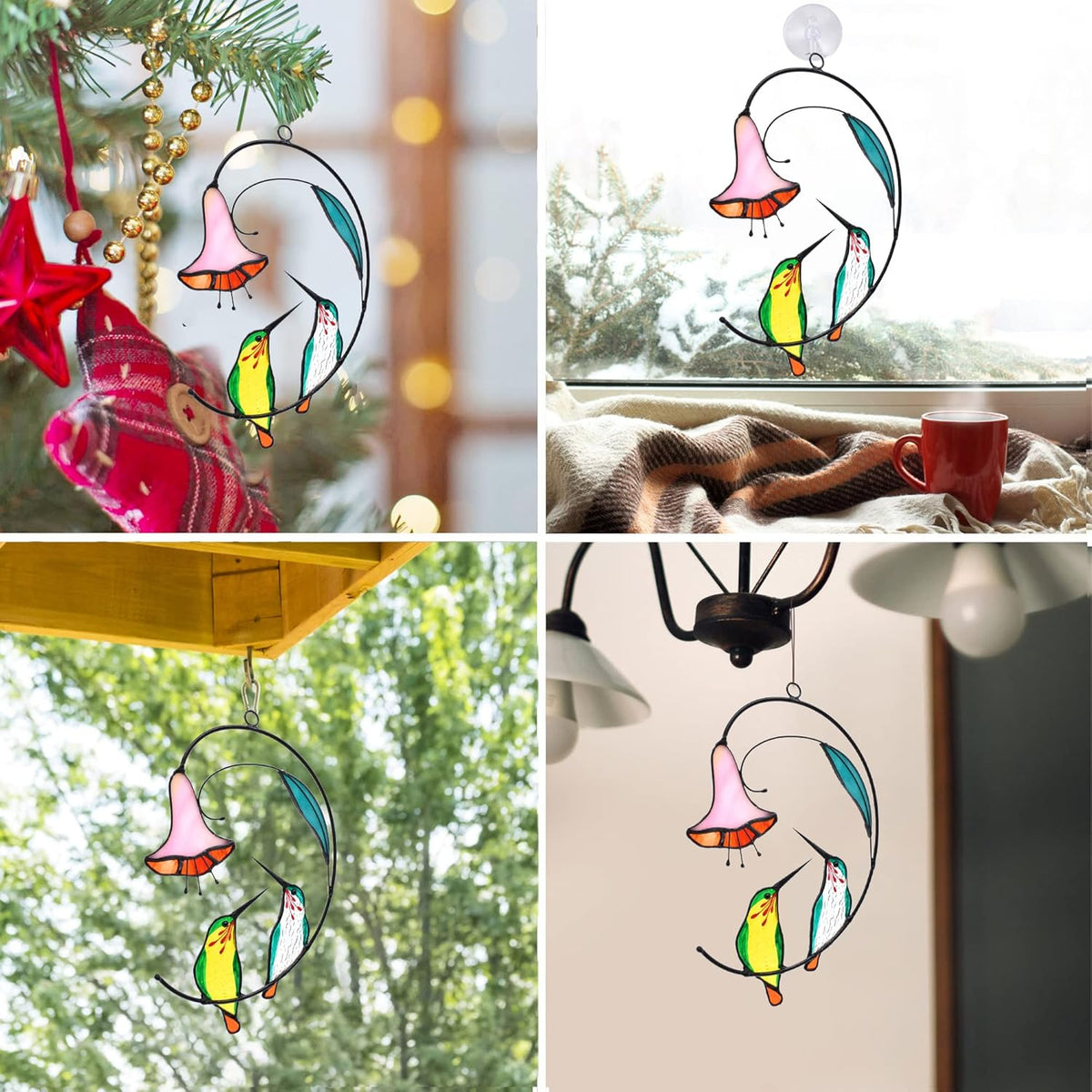 Lolitarcrafts Hummingbird with Flower Stained Glass Suncatcher Bird Stained Glass Window Hangings