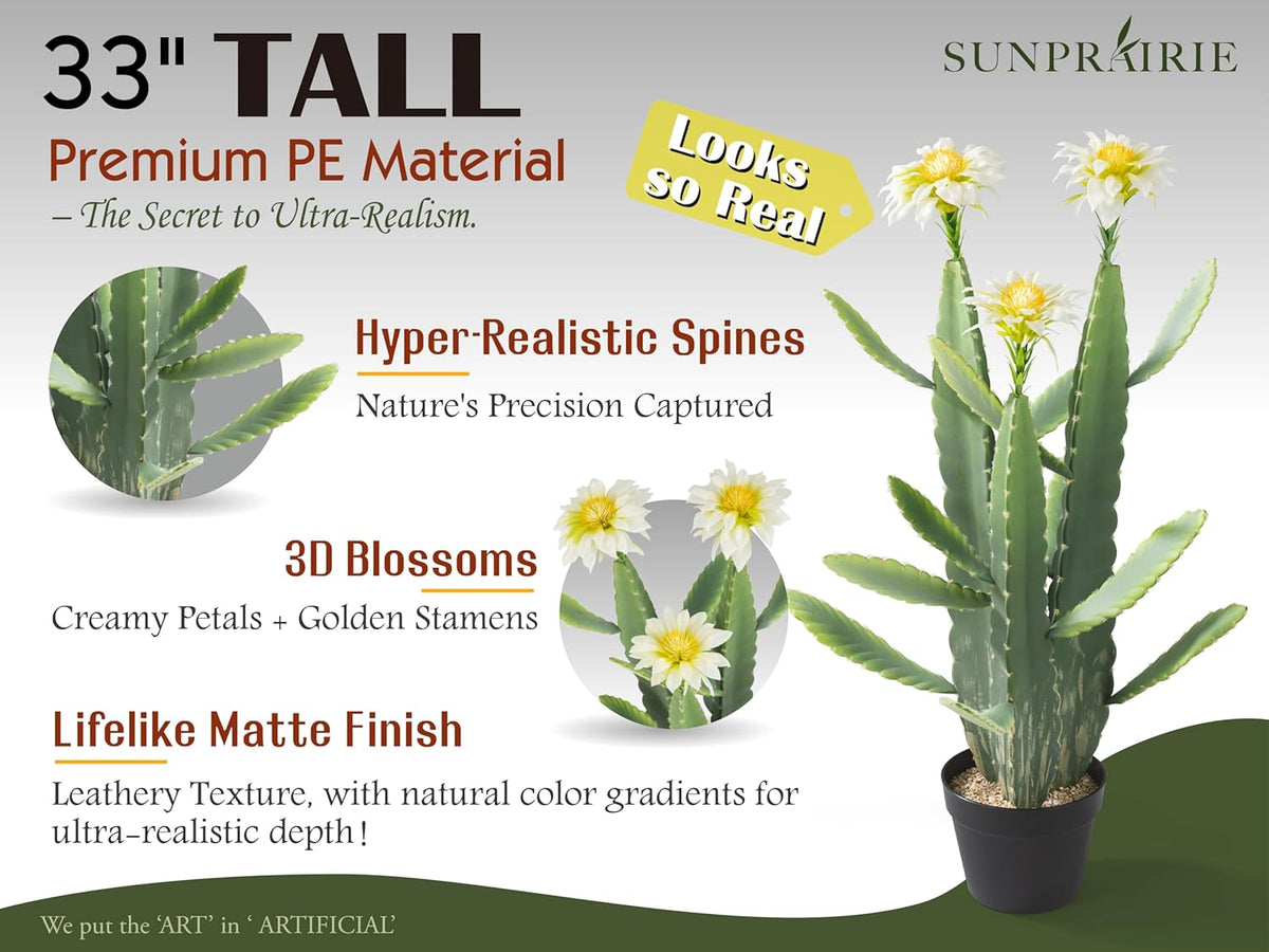 33 Inch Large Artificial Cactus with Lilly White Flowers in Pot with Natural Gravel. Satin Finish