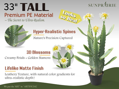 33 Inch Large Artificial Cactus with Lilly White Flowers in Pot with Natural Gravel. Satin Finish