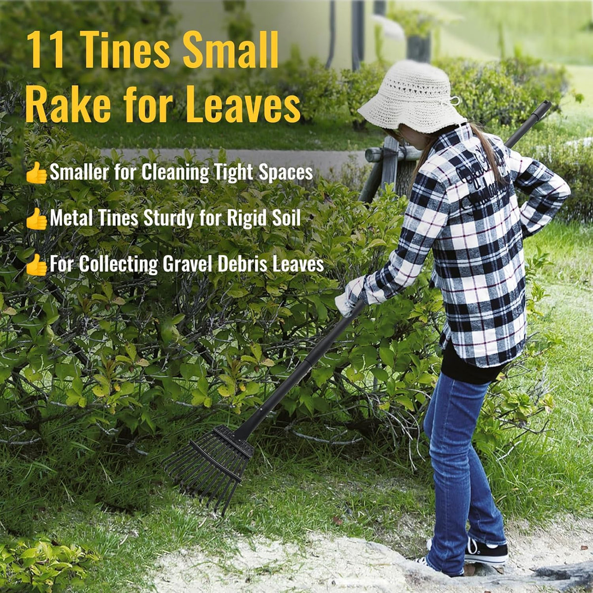 Small Garden Rake for Leaves,11 Tines Heavy Duty Metal Yard Hand Rake with 63in Adjustable