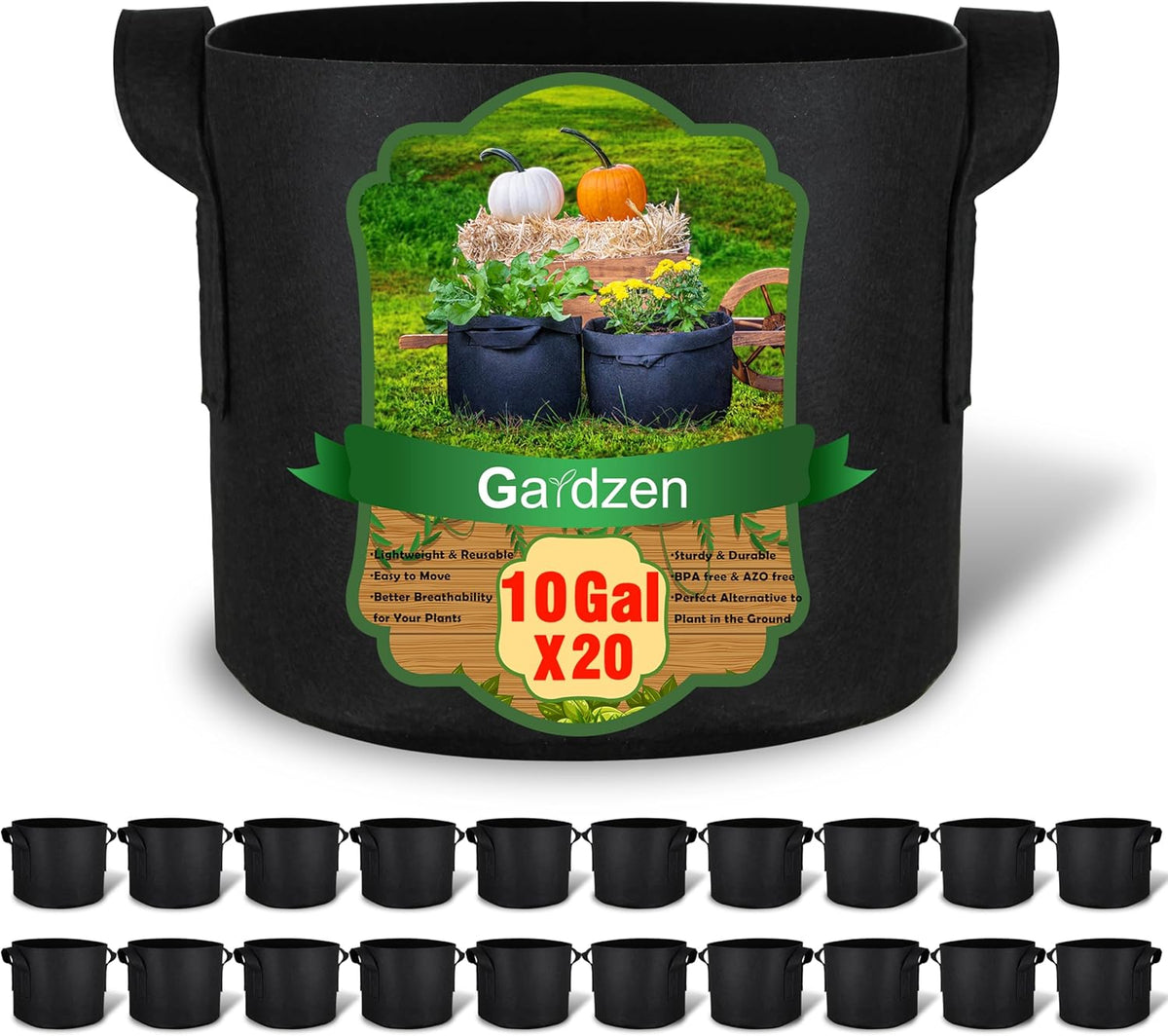 Gardzen 20-Pack 10 Gallon Grow Bags, Aeration Fabric Pots with Handles, Heavy Duty Plant Bags for