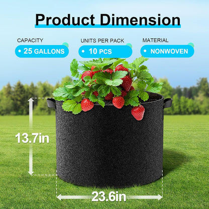 Land Guard 10-Pack Fabric Grow Bags 25 Gallon, Thickened Nonwoven Garden Pots, Growing Bags with