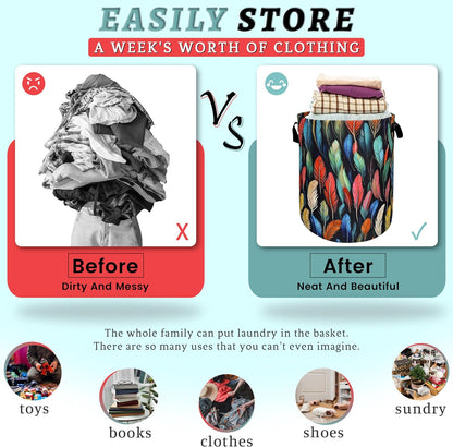 Feathers Laundry Basket Foldable With Handles Funny Tote Bag Oxford Cloth Colorful Feather Laundry