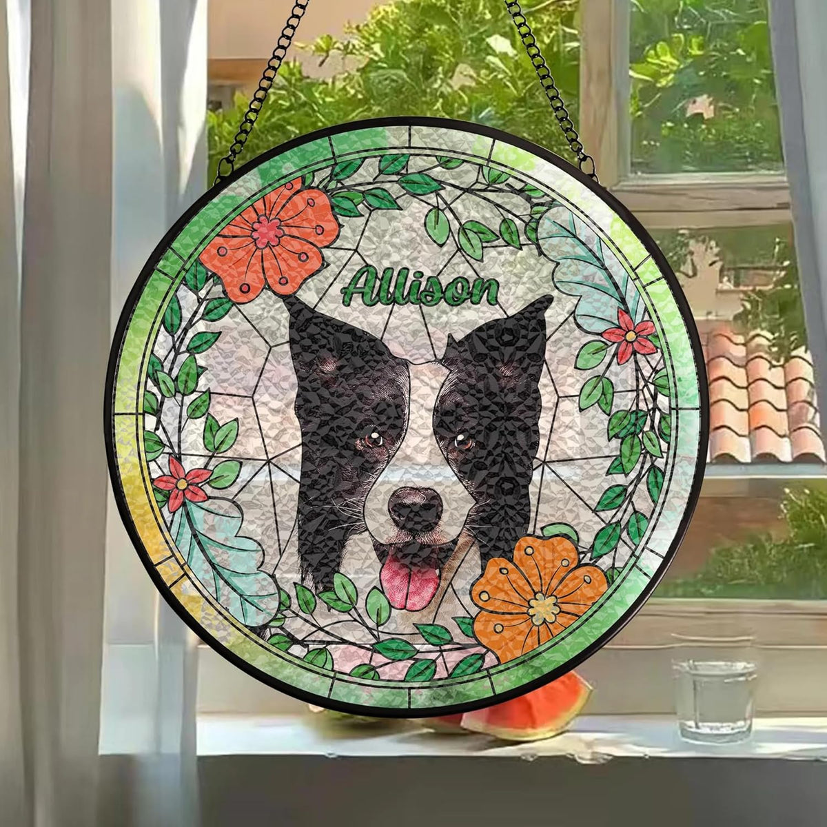 Custom Dog Stained Glass Suncatcher, Personalized Pet Window Hanging Keepsaker, Stained Glass